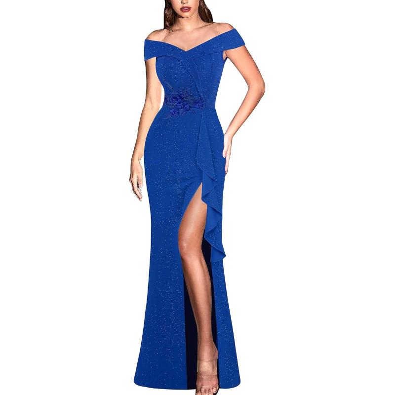 VFSHOW Womens Sexy Elegant Formal Prom Off Shoulder Ruffle High Slit ...